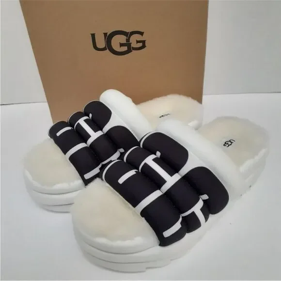 NWT Ugg maxi slide logo quilted puff platform slipper sandals white black retro - Picture 7 of 13
